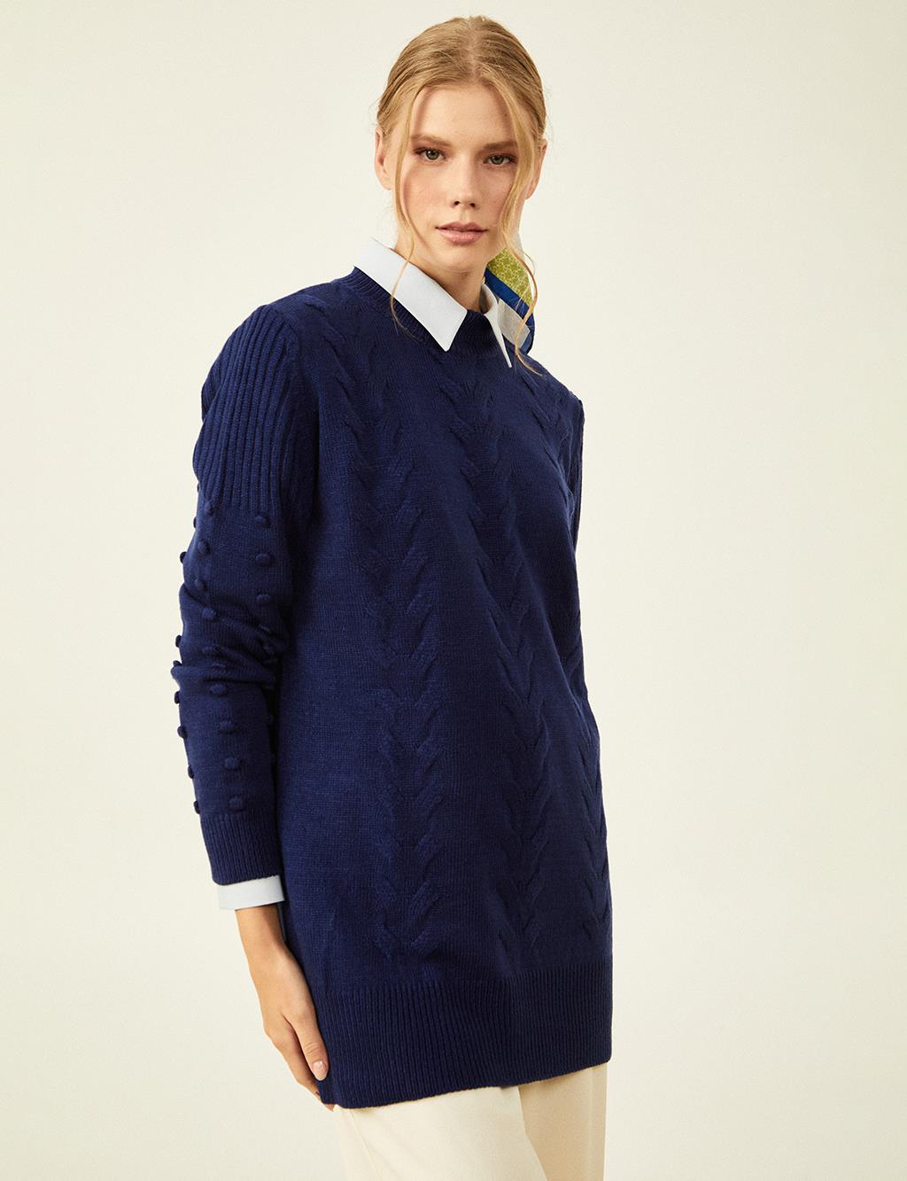 Knit Pattern Half Turtleneck Tunic Indigo