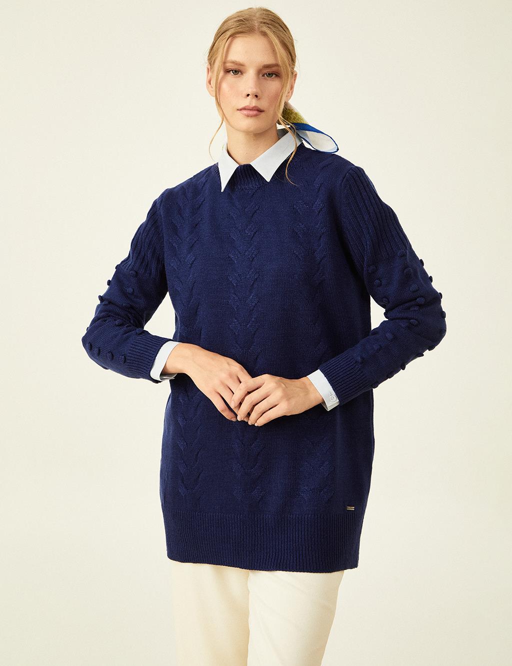 Knit Pattern Half Turtleneck Tunic Indigo