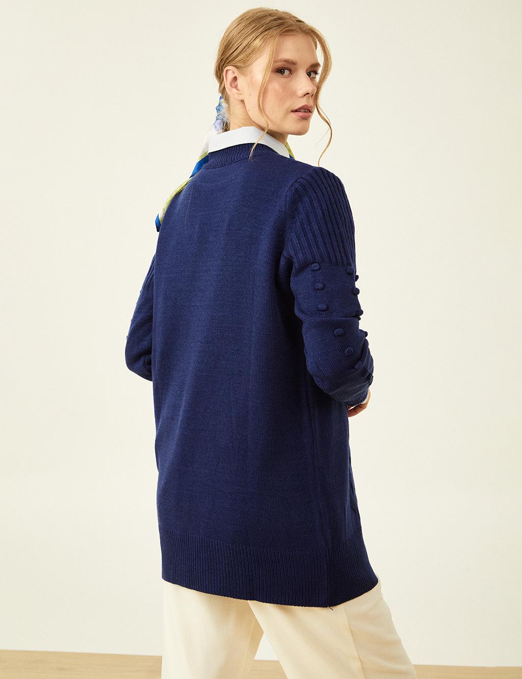 Knit Pattern Half Turtleneck Tunic Indigo