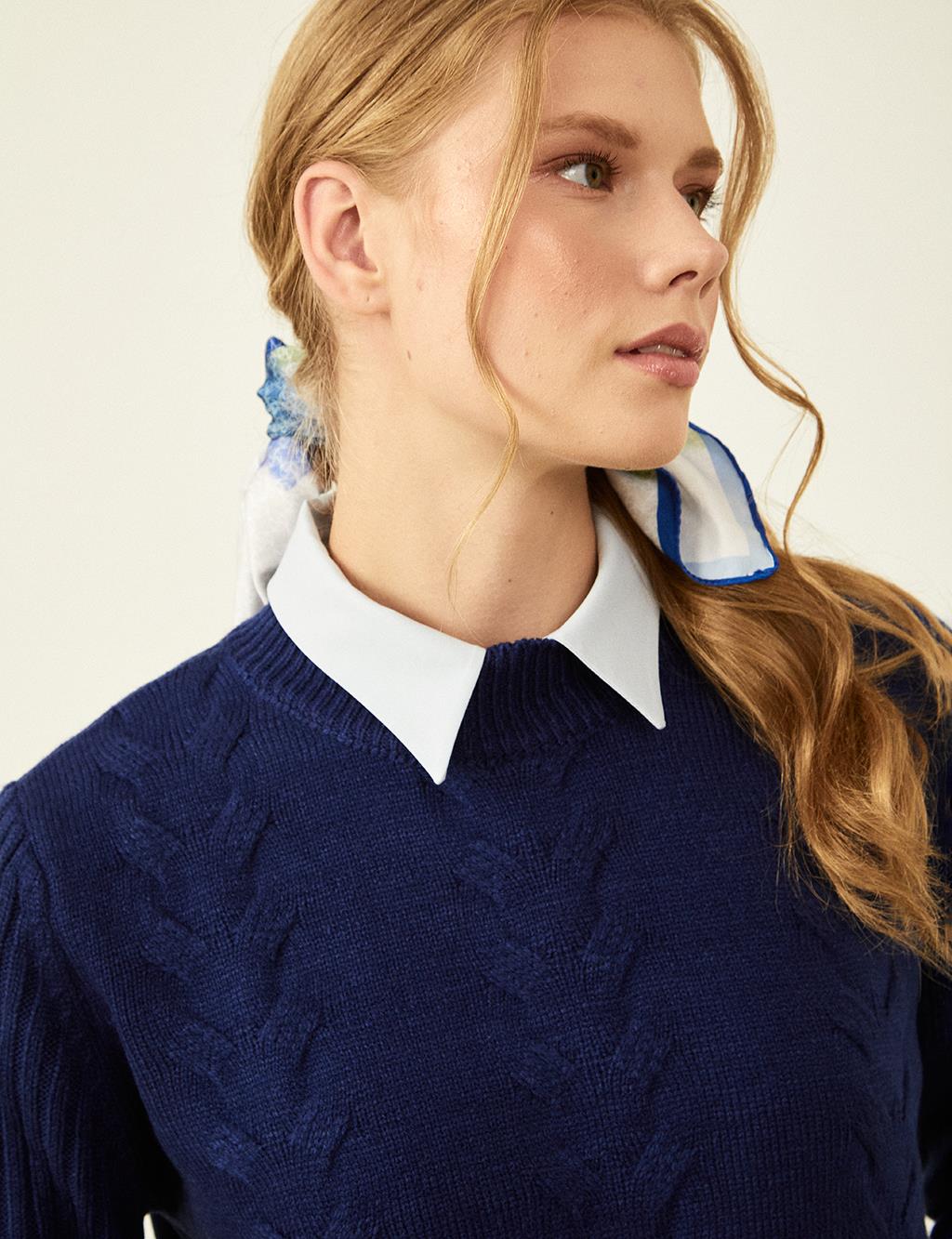 Knit Pattern Half Turtleneck Tunic Indigo