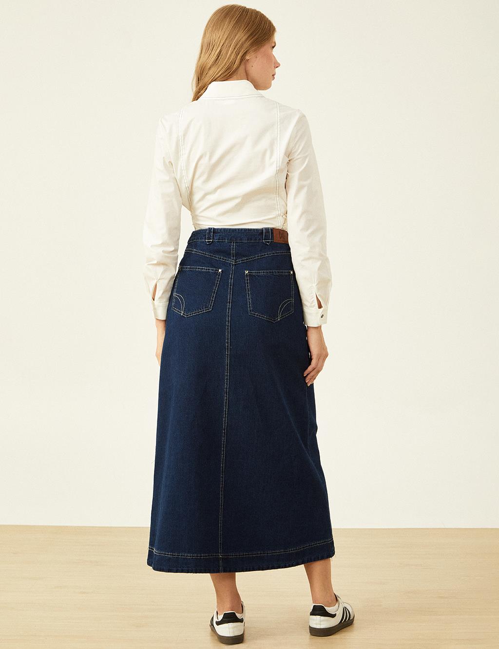 Pocket Detailed Denim Skirt Navy Blue