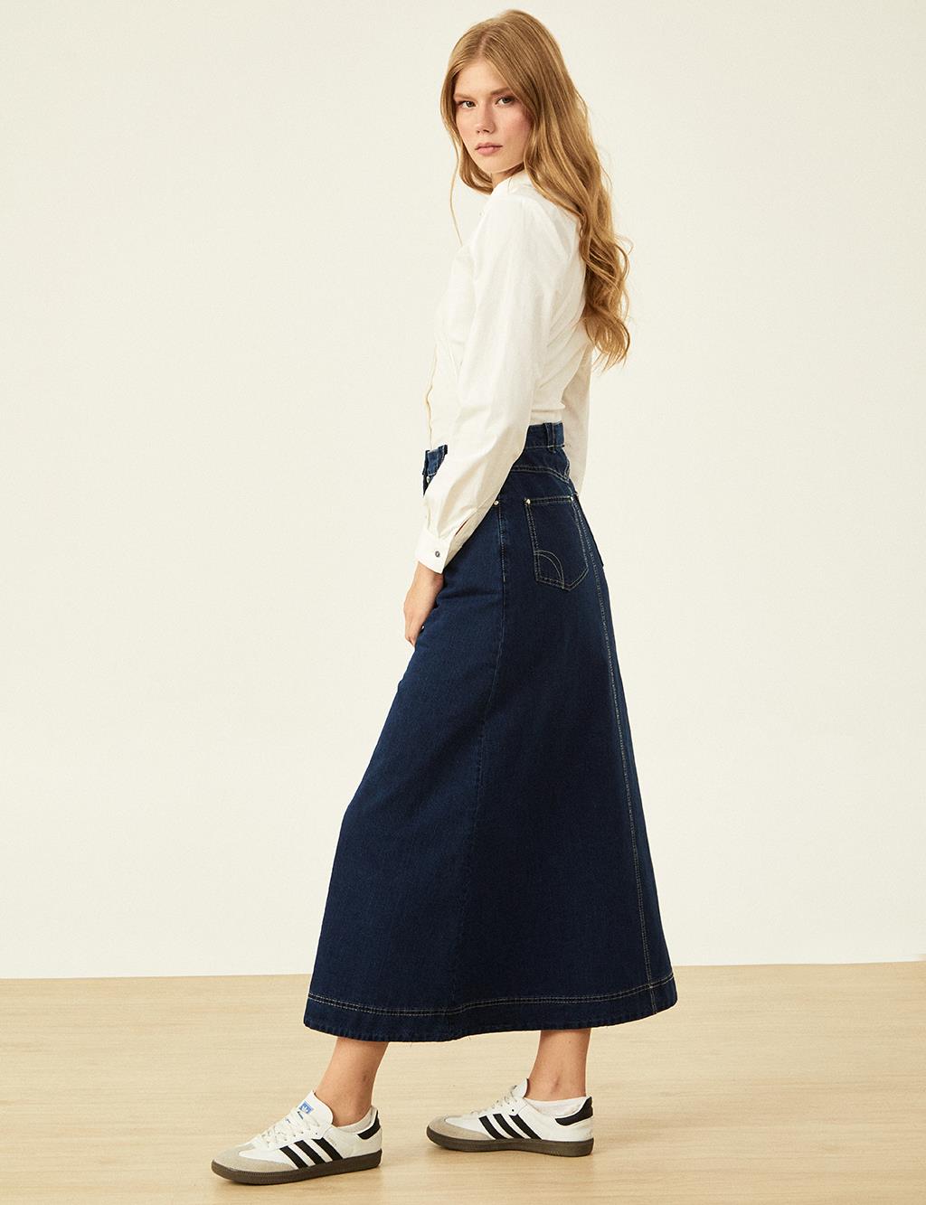 Pocket Detailed Denim Skirt Navy Blue