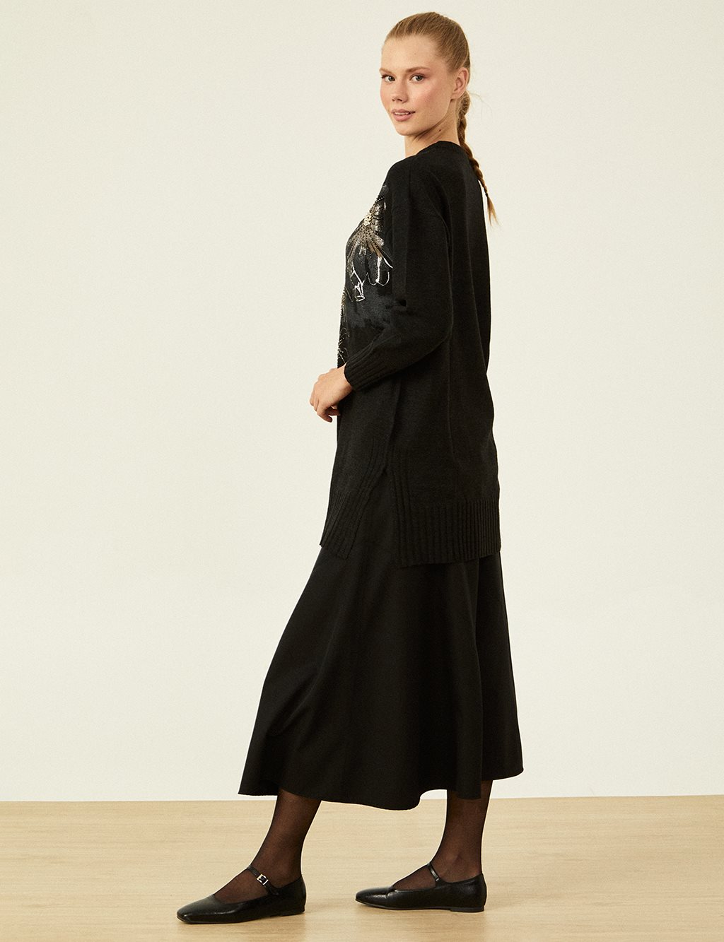 Embroidered Knitwear Tunic Black