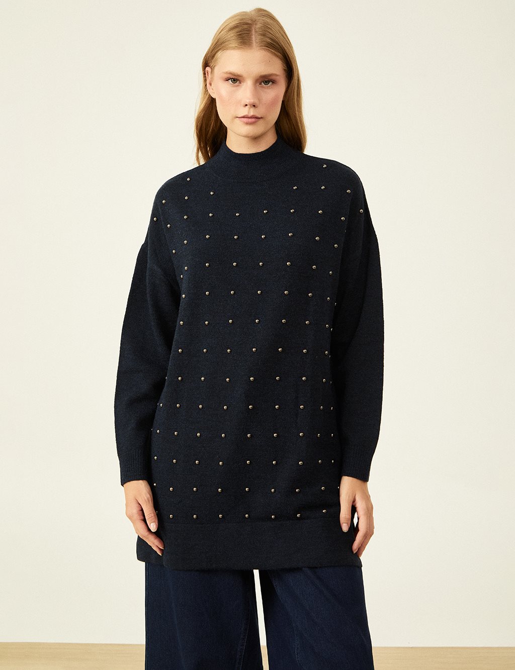 Bead Embroidered Half Turtleneck Knitwear Tunic Navy Blue