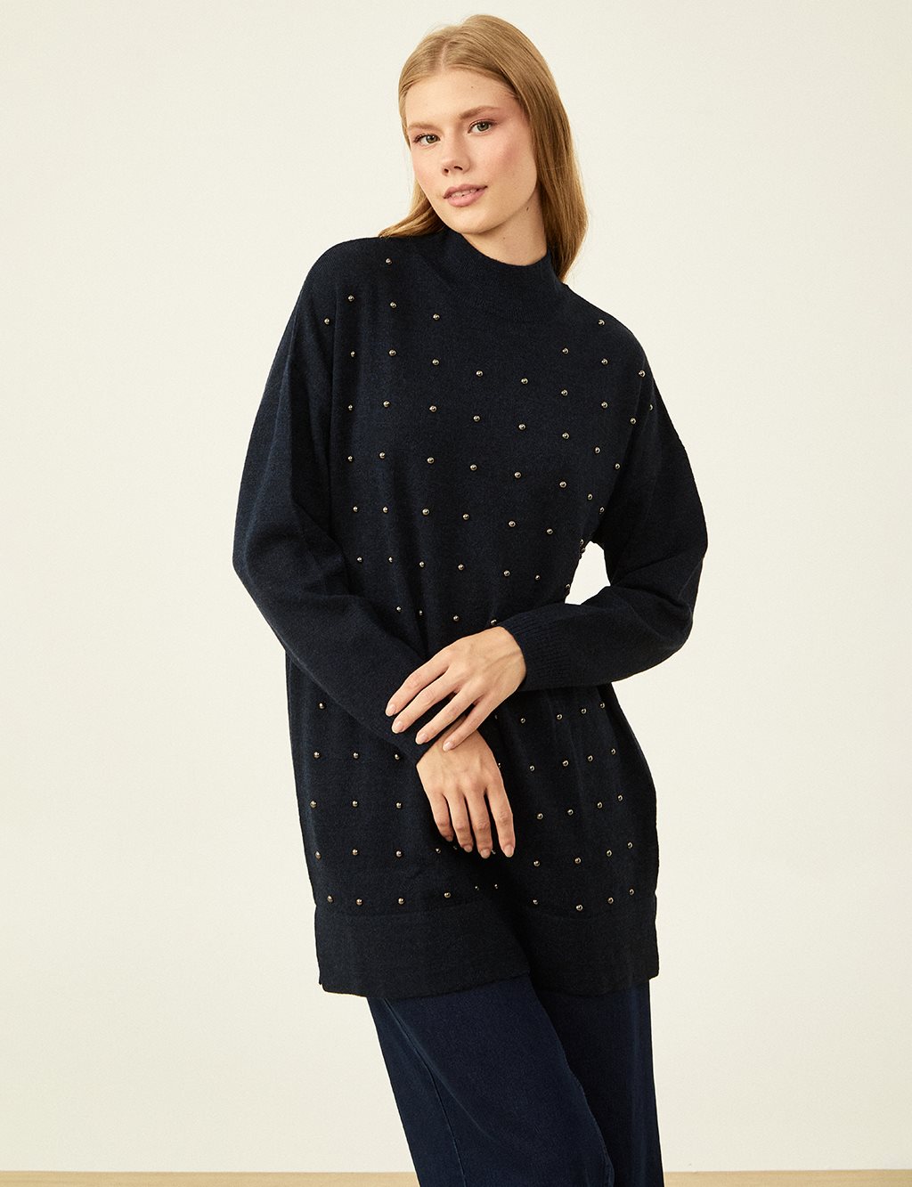 Bead Embroidered Half Turtleneck Knitwear Tunic Navy Blue