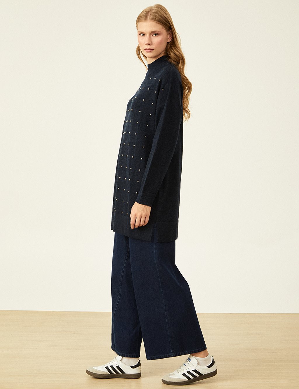 Bead Embroidered Half Turtleneck Knitwear Tunic Navy Blue