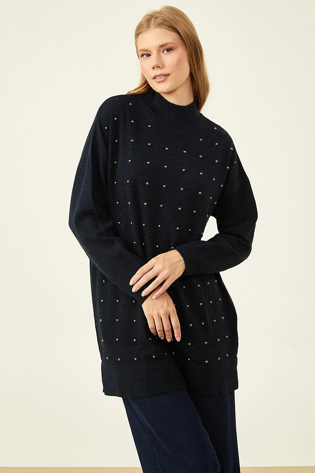 Bead Embroidered Half Turtleneck Knitwear Tunic Navy Blue