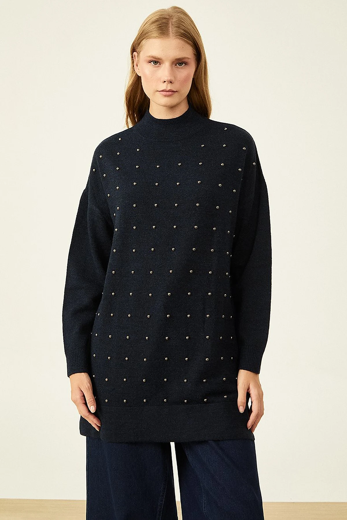 Bead Embroidered Half Turtleneck Knitwear Tunic Navy Blue