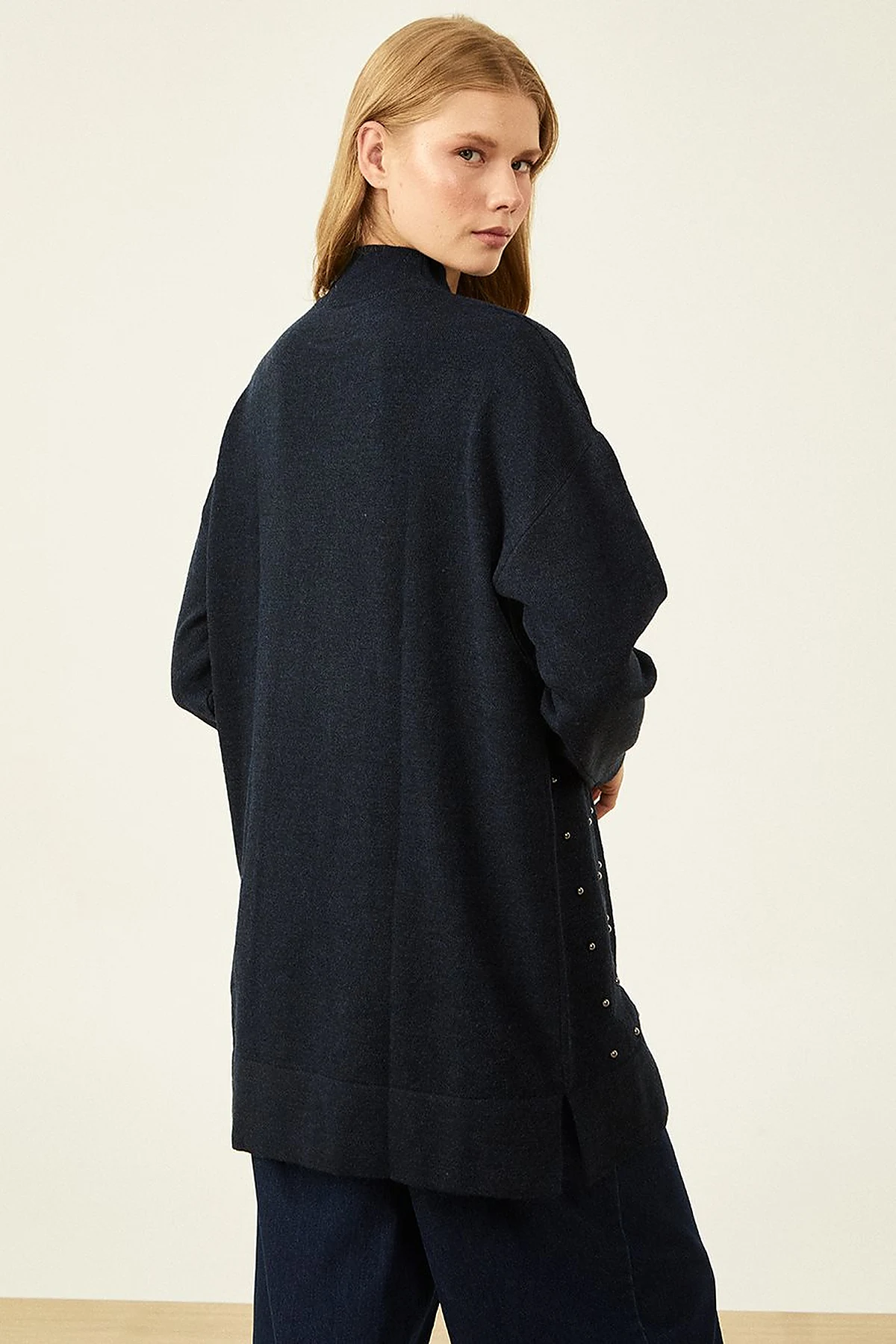 Bead Embroidered Half Turtleneck Knitwear Tunic Navy Blue