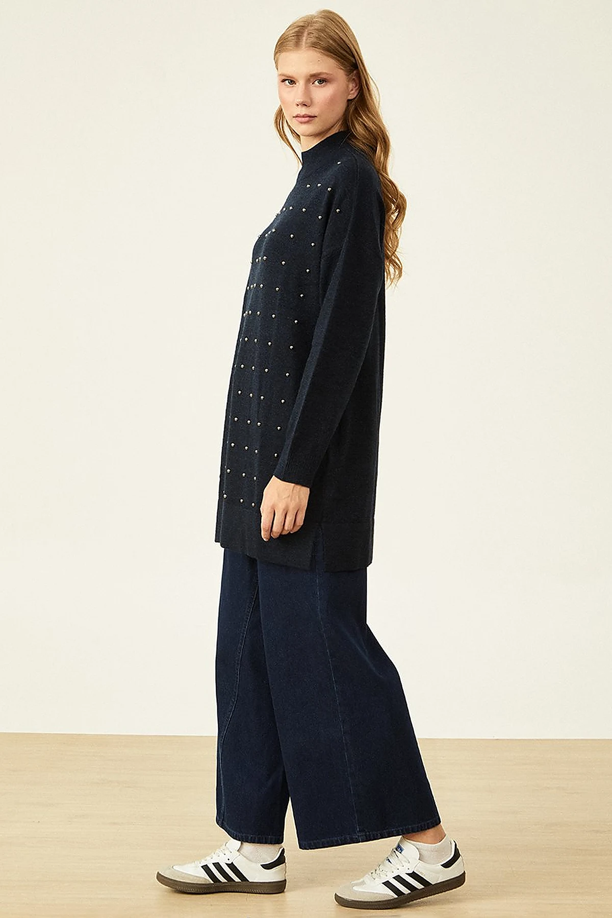 Bead Embroidered Half Turtleneck Knitwear Tunic Navy Blue