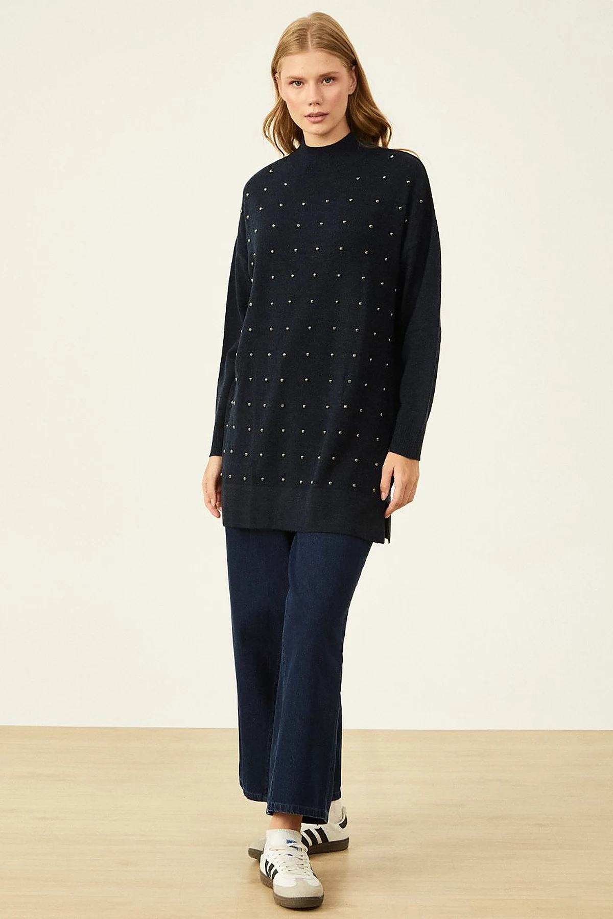 Bead Embroidered Half Turtleneck Knitwear Tunic Navy Blue
