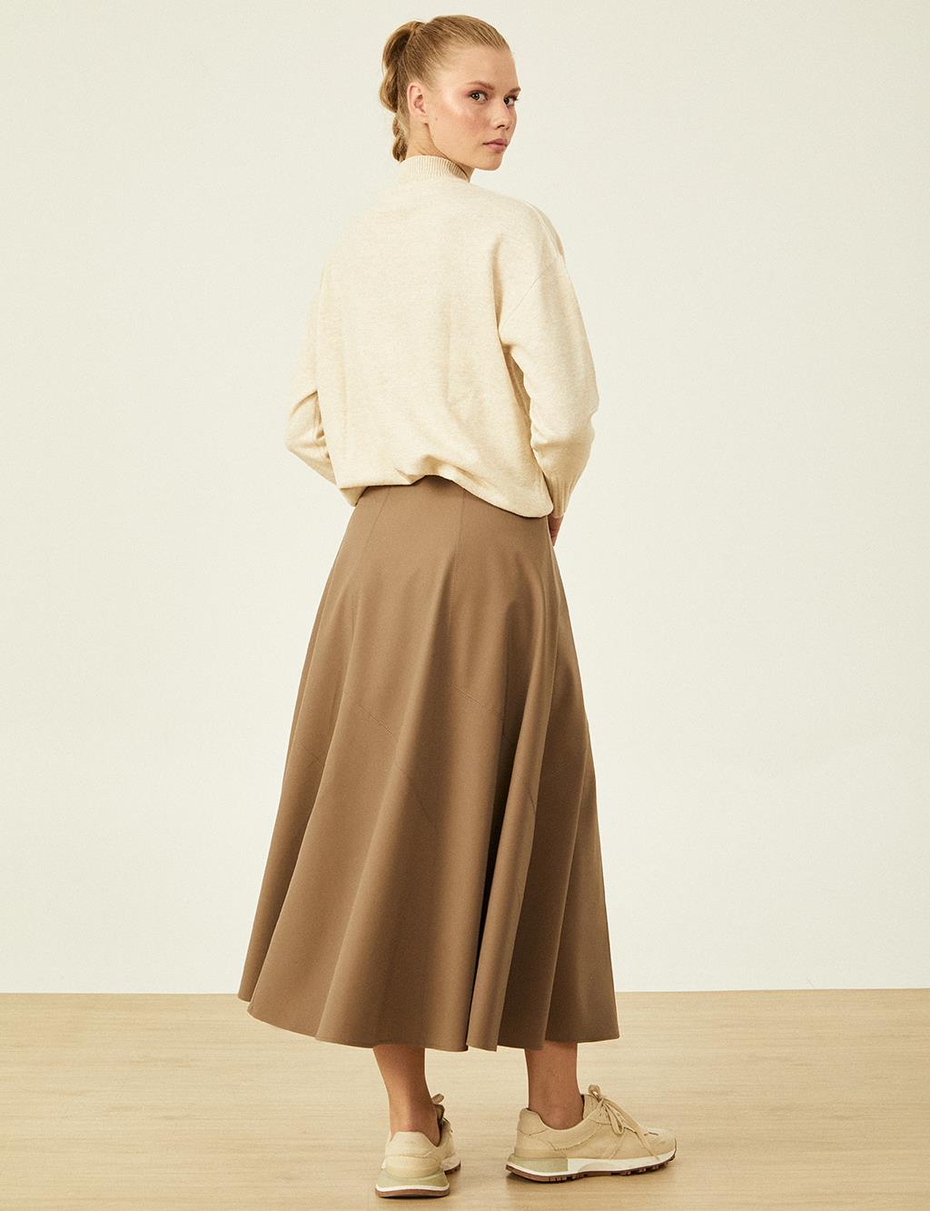 Zipper Detailed Flared Skirt Mink