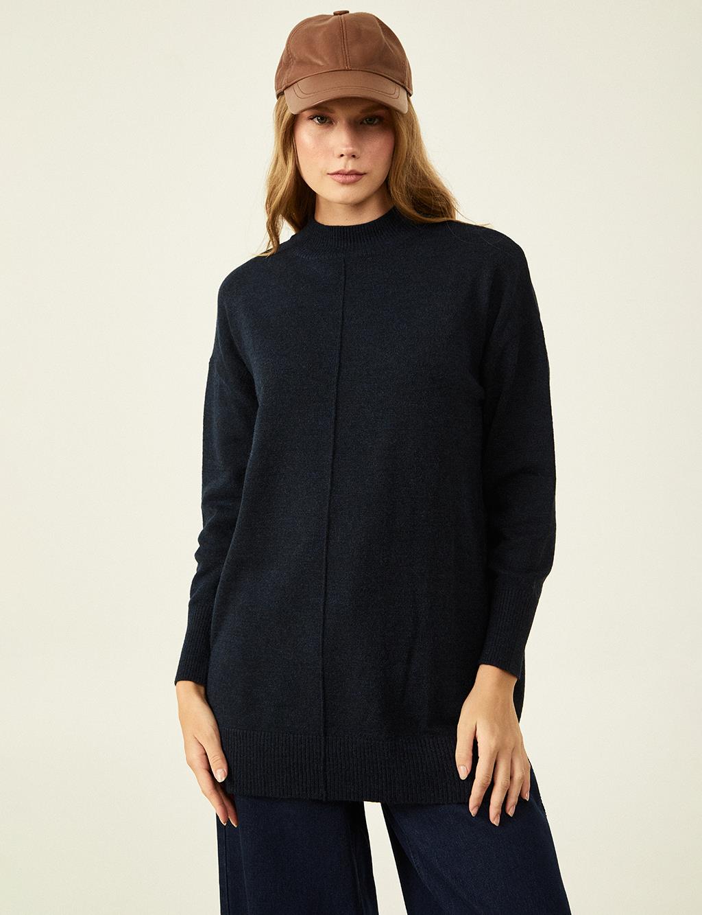 Knit Tunic with Stitch Details Navy Blue