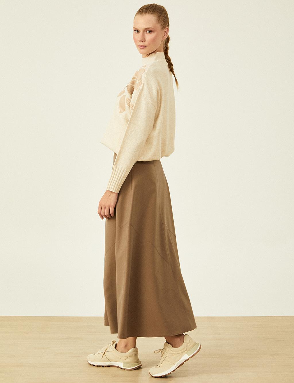 Zipper Detailed Flared Skirt Mink