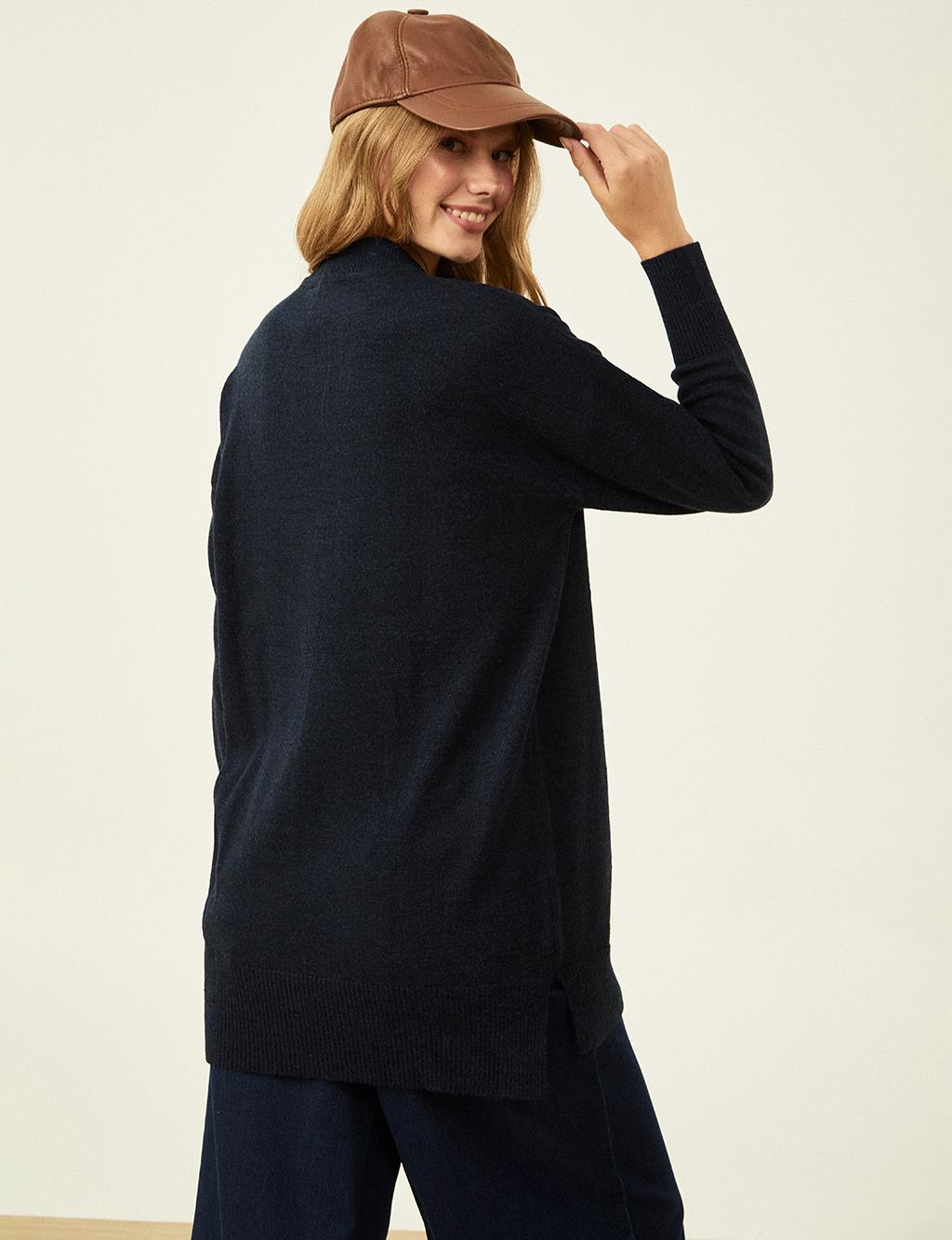 Knit Tunic with Stitch Details Navy Blue