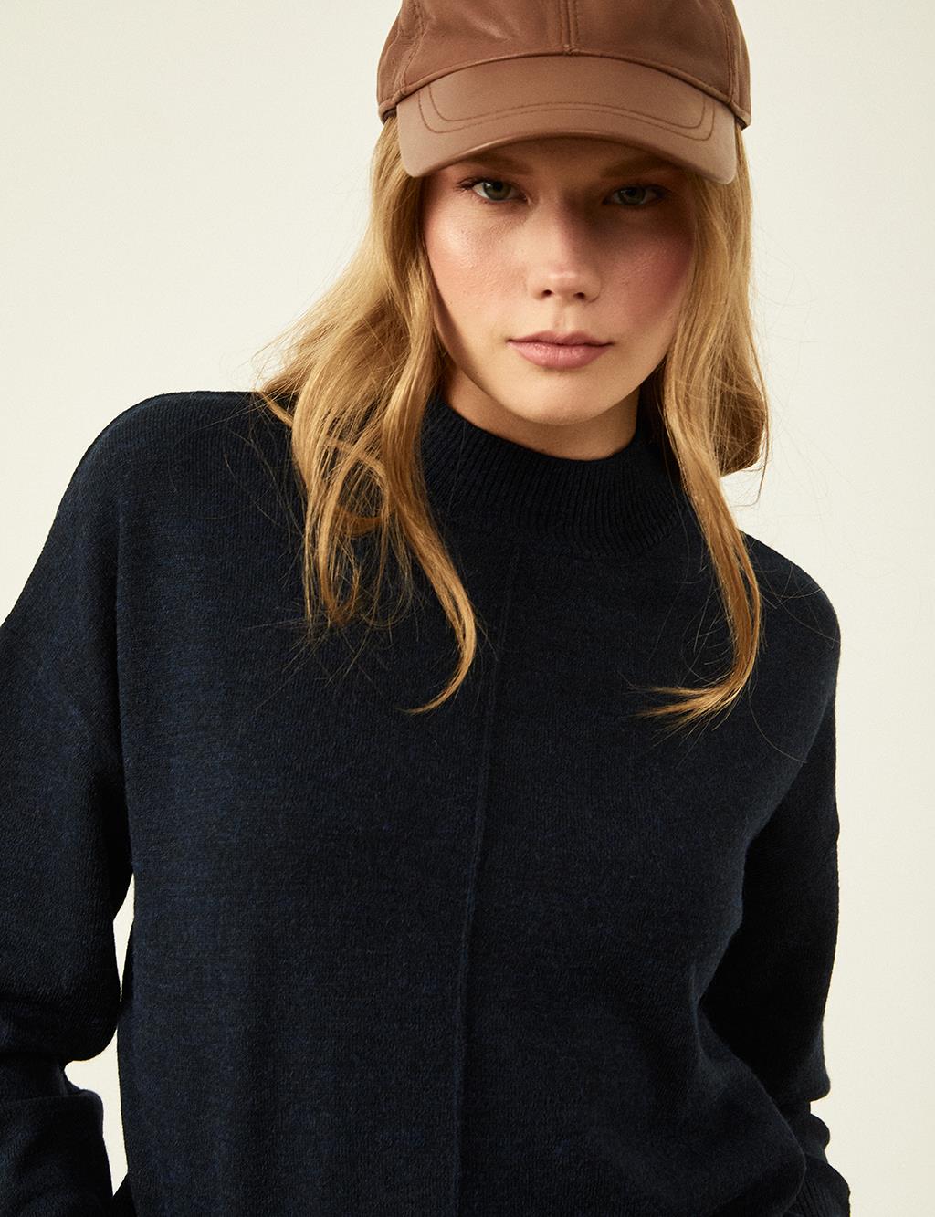 Knit Tunic with Stitch Details Navy Blue