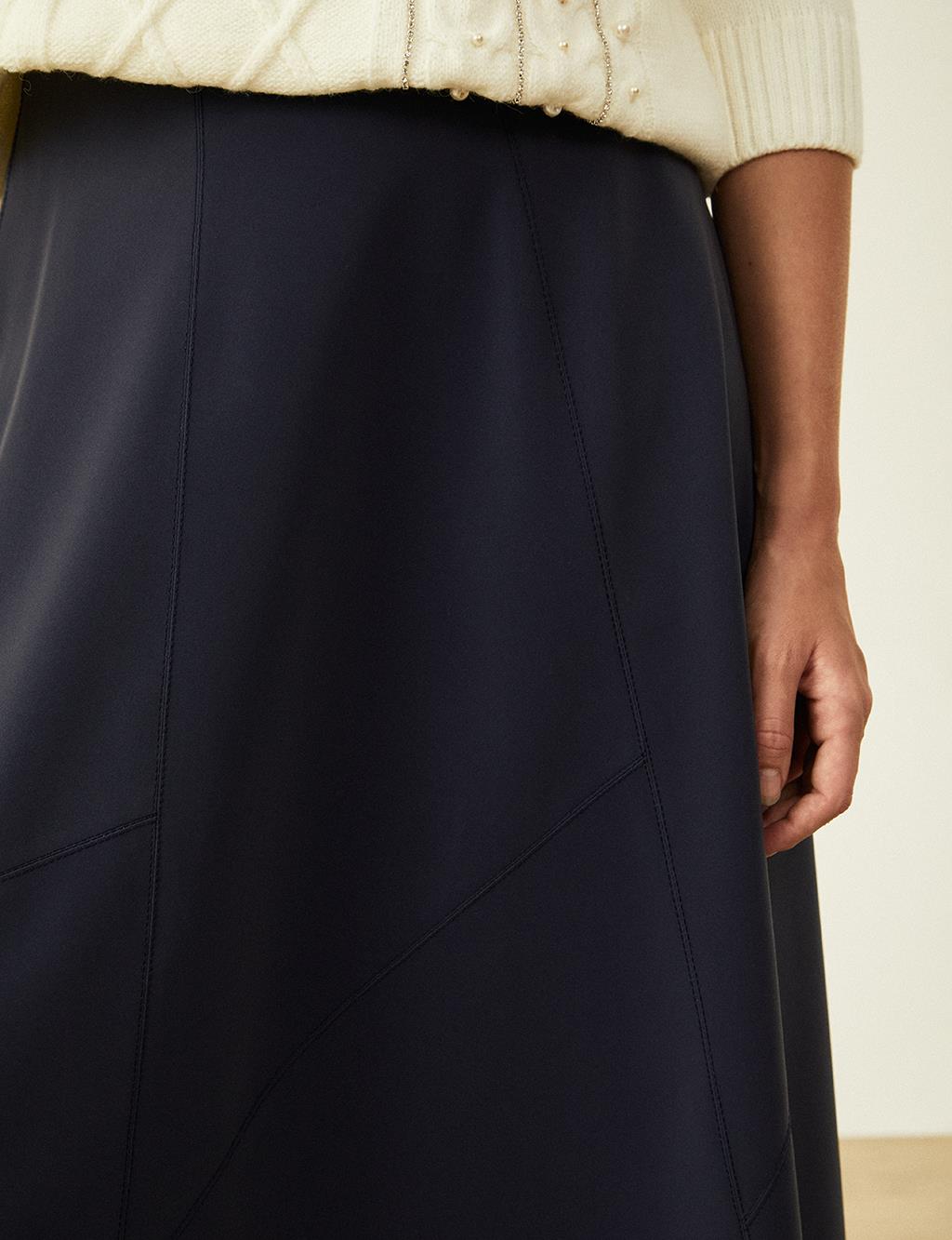 Zipper Detailed Flared Skirt Navy Blue