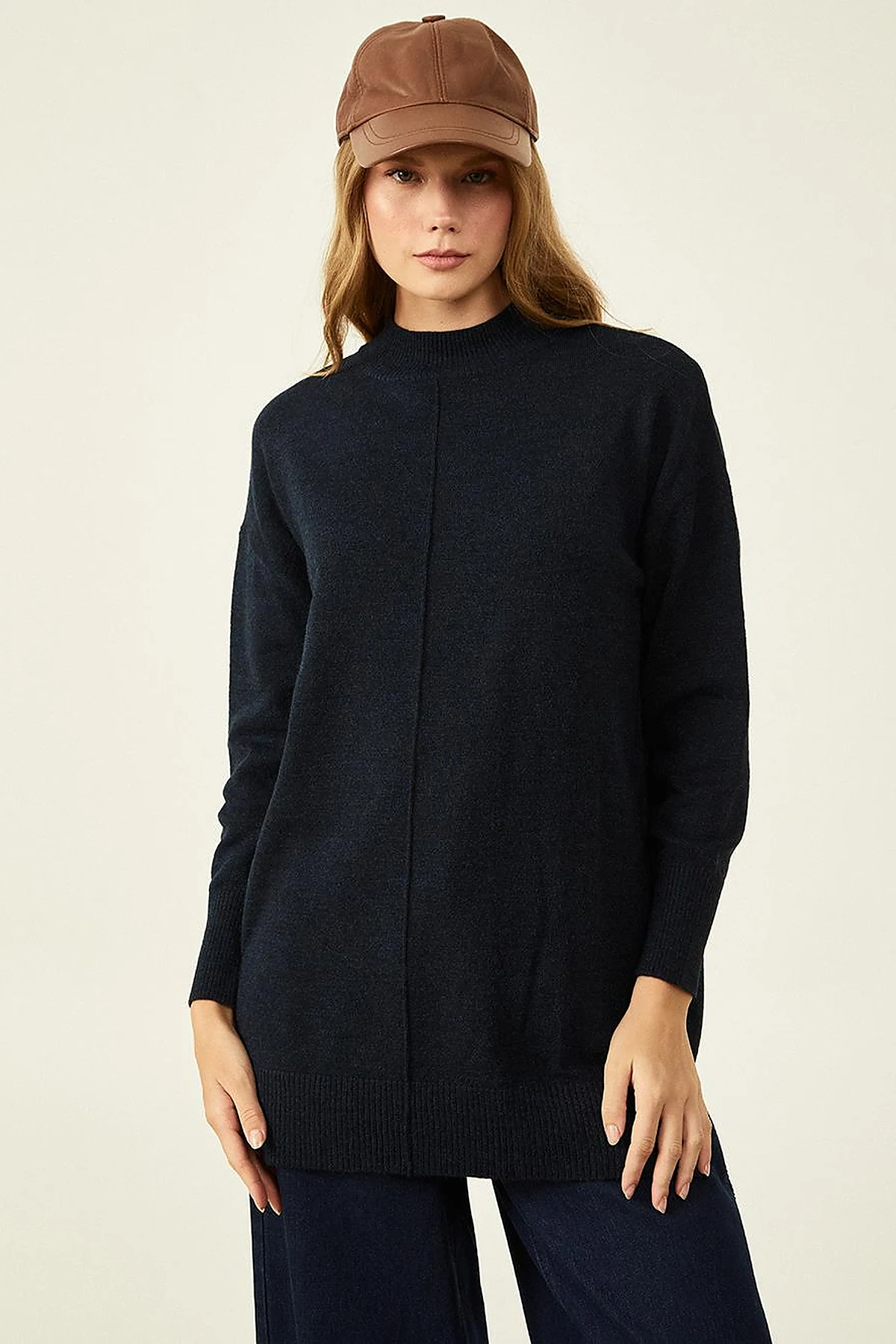 Knit Tunic with Stitch Details Navy Blue