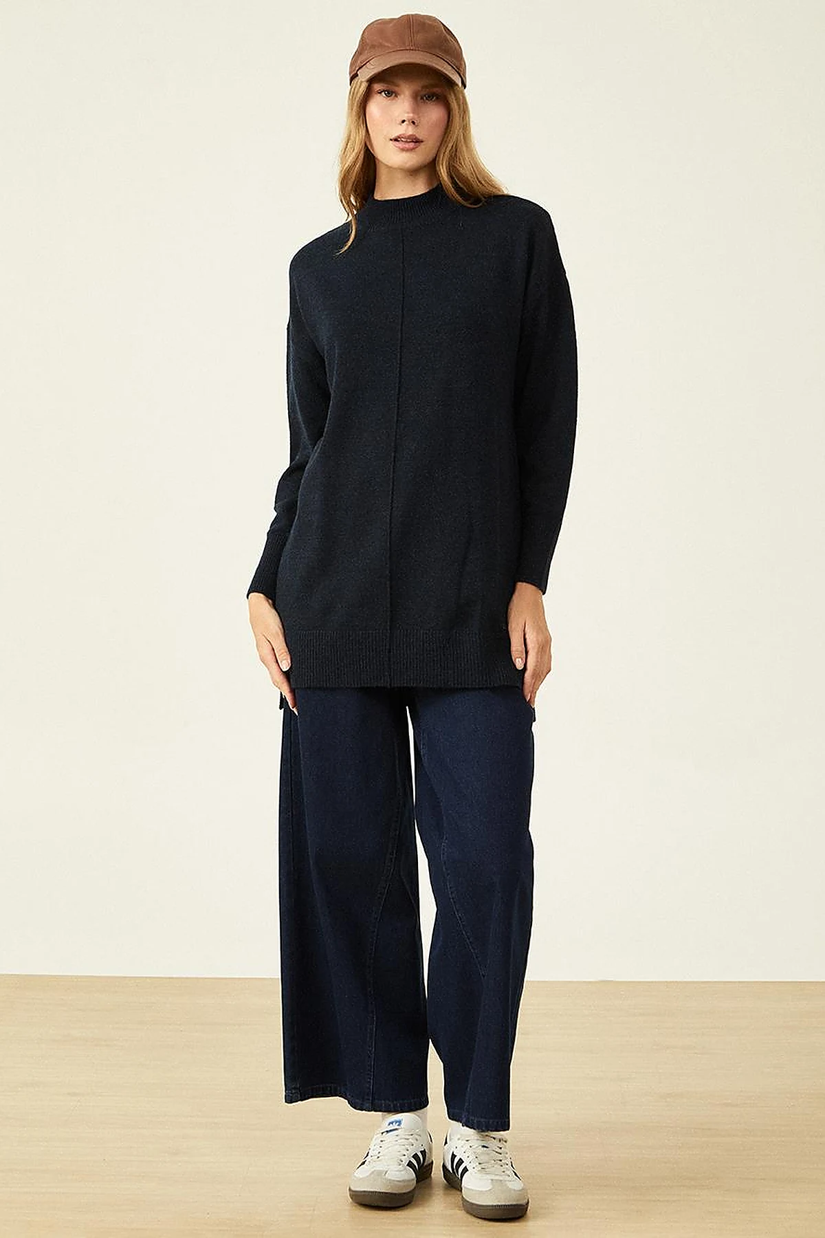 Knit Tunic with Stitch Details Navy Blue
