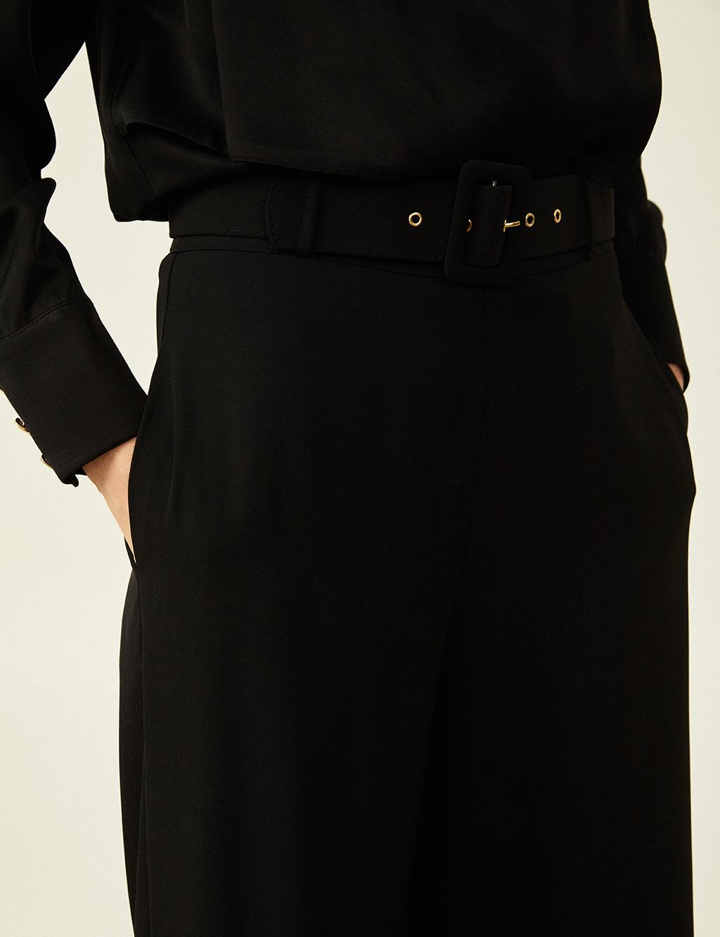 Belt Detailed Wide Leg Trousers Black