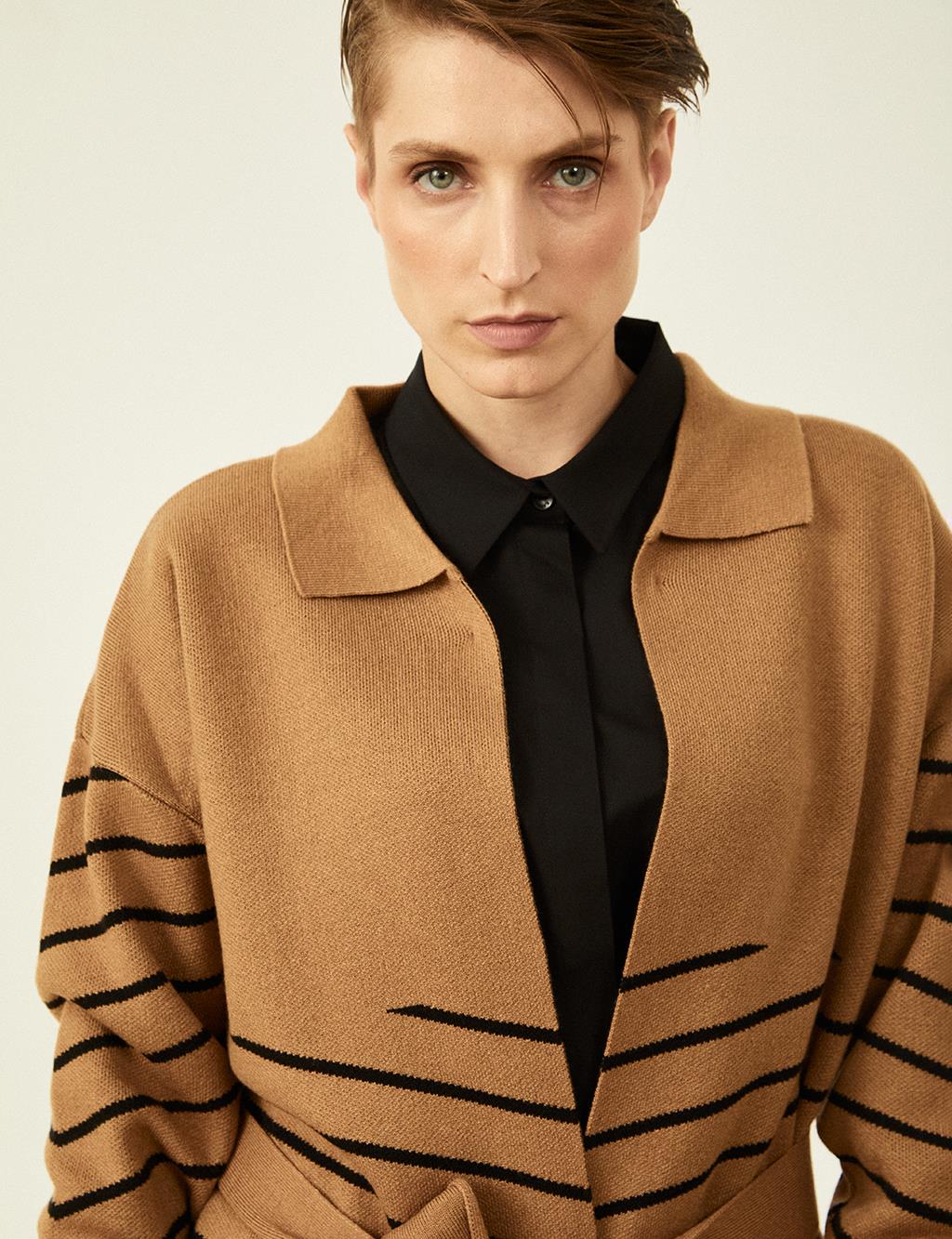 Long Knit Cardigan with Collar Detail Camel