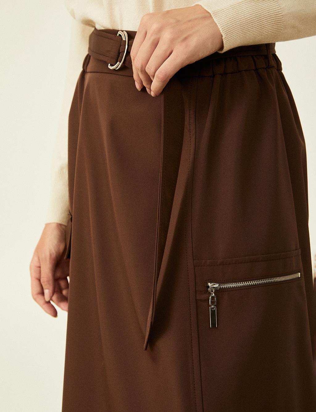 Metal Accessory Detailed Bell Skirt Dark Brown