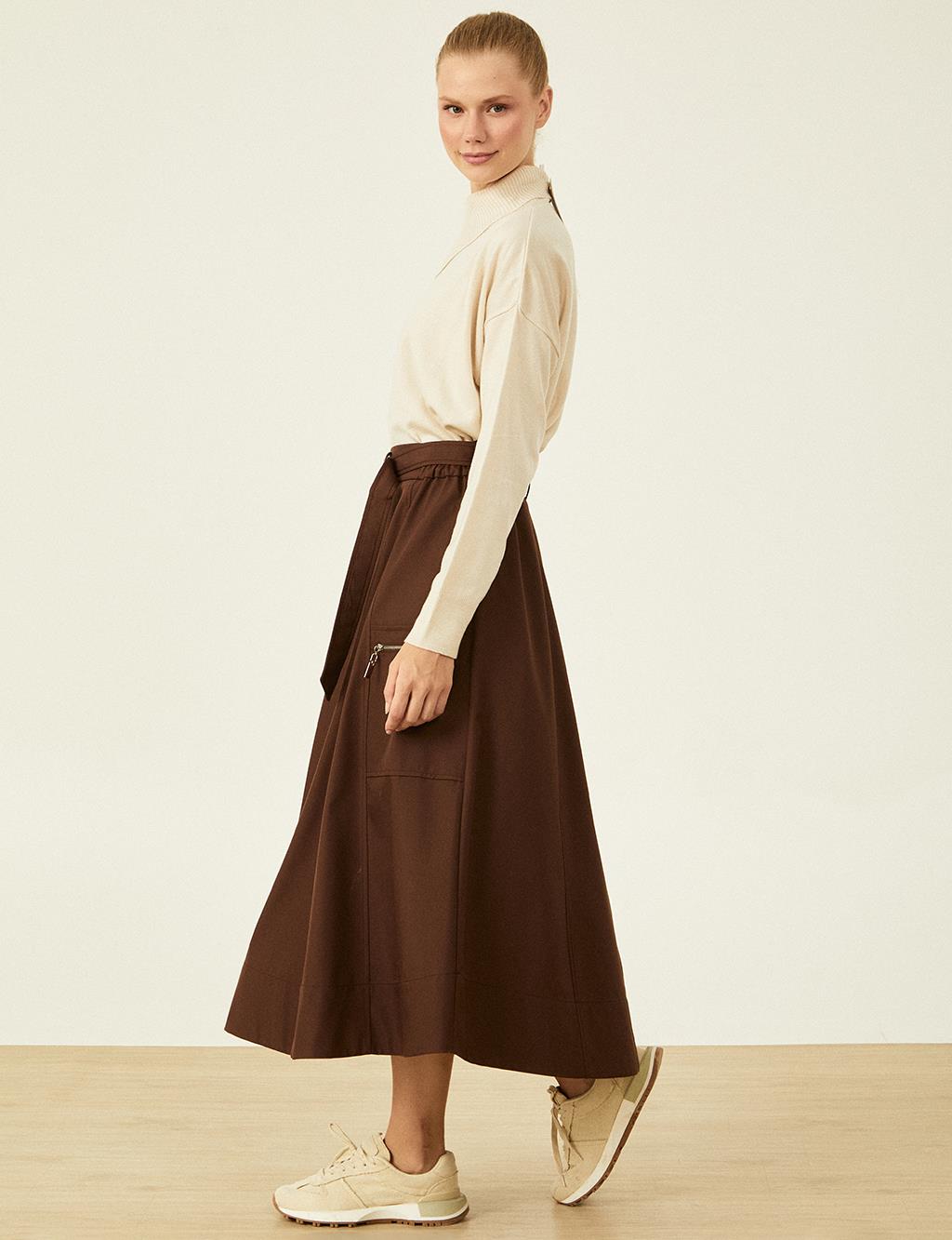 Metal Accessory Detailed Bell Skirt Dark Brown