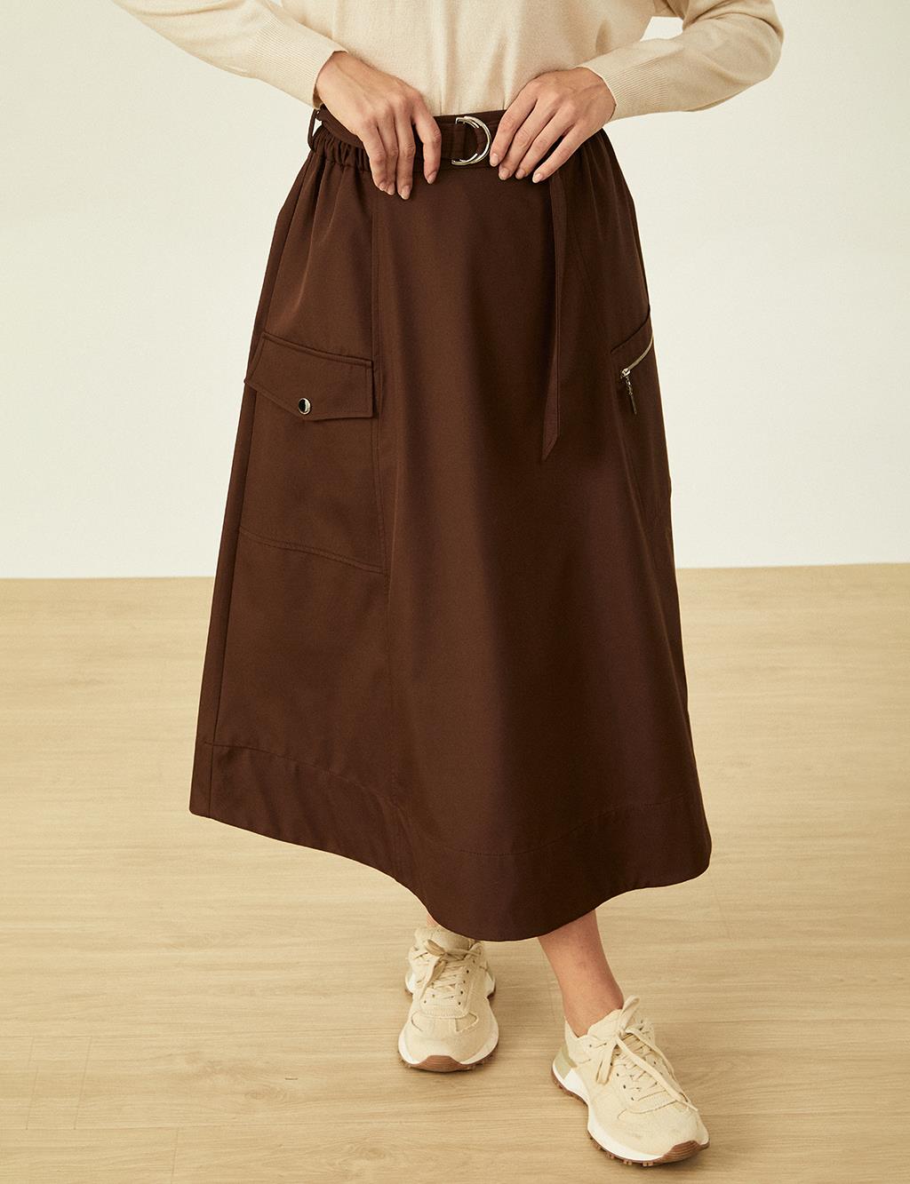 Metal Accessory Detailed Bell Skirt Dark Brown