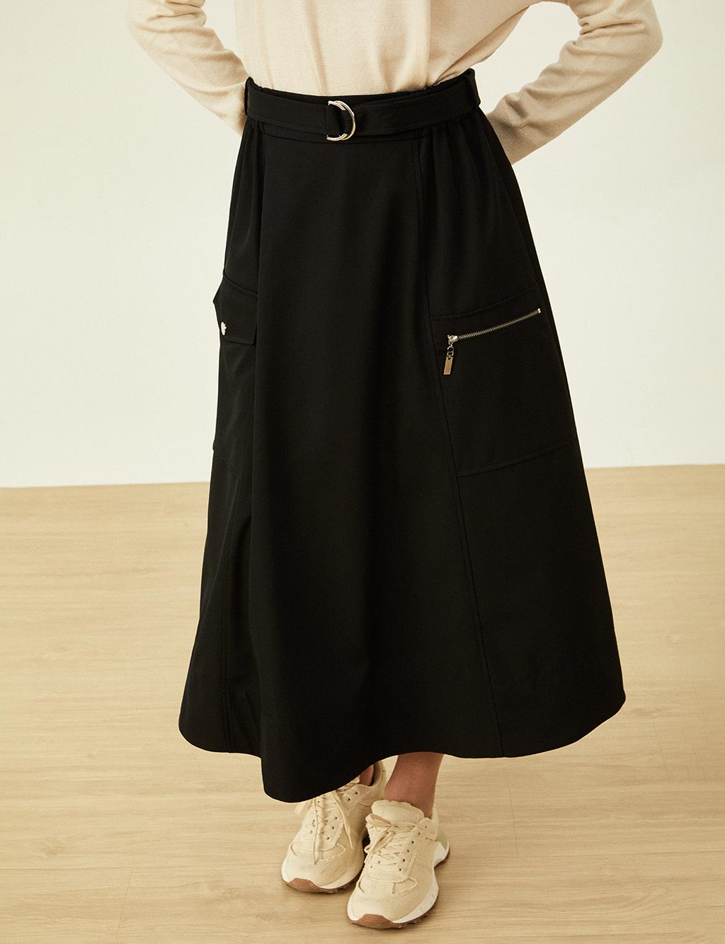 Metal Accessory Detailed Bell Skirt Black
