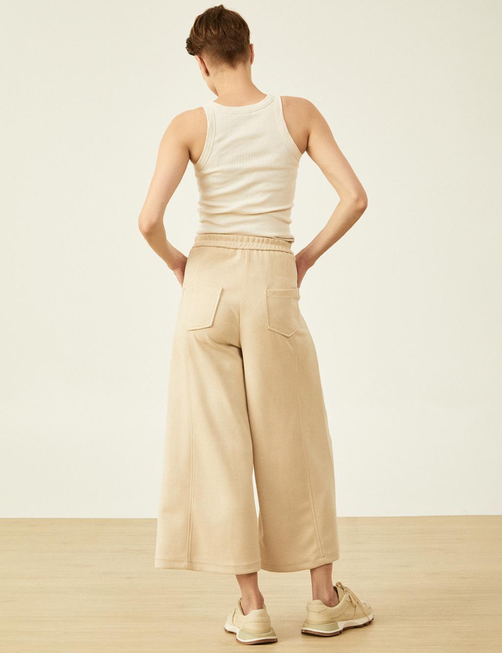 Elastic Waist Suede Trousers Cream