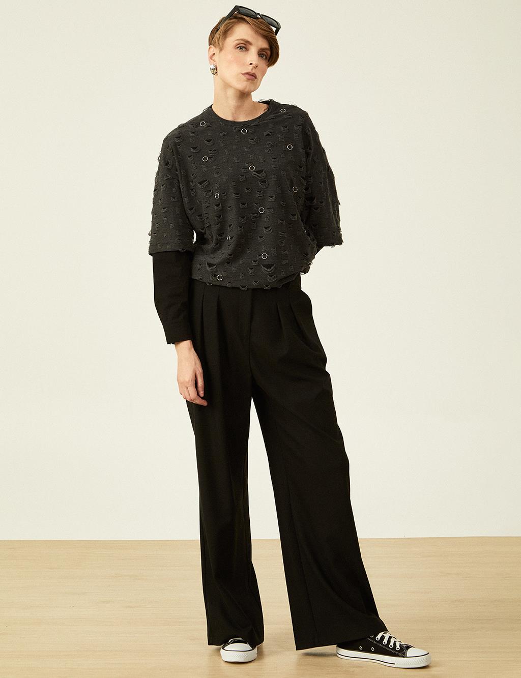 Double Pleated Detailed High Waist Trousers Black