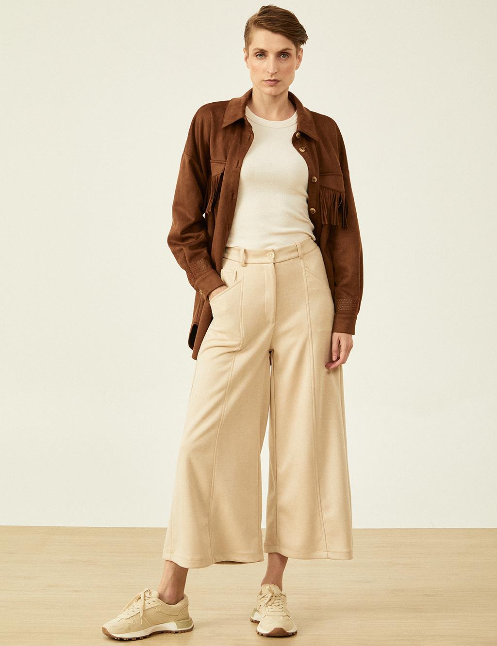 Elastic Waist Suede Trousers Cream