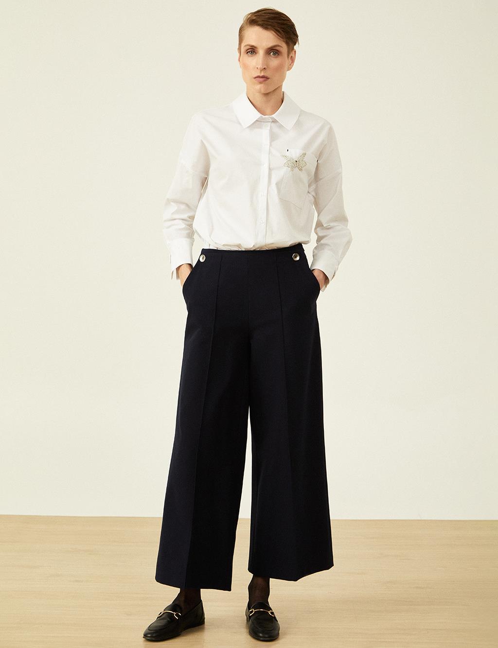 Button Detailed High Waist Trousers Dark Navy Blue