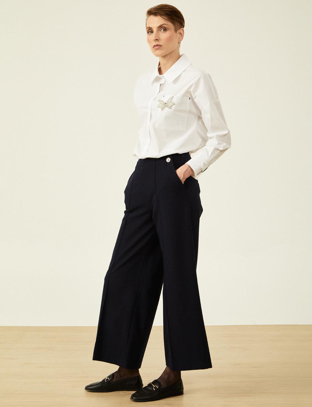 Button Detailed High Waist Trousers Dark Navy Blue