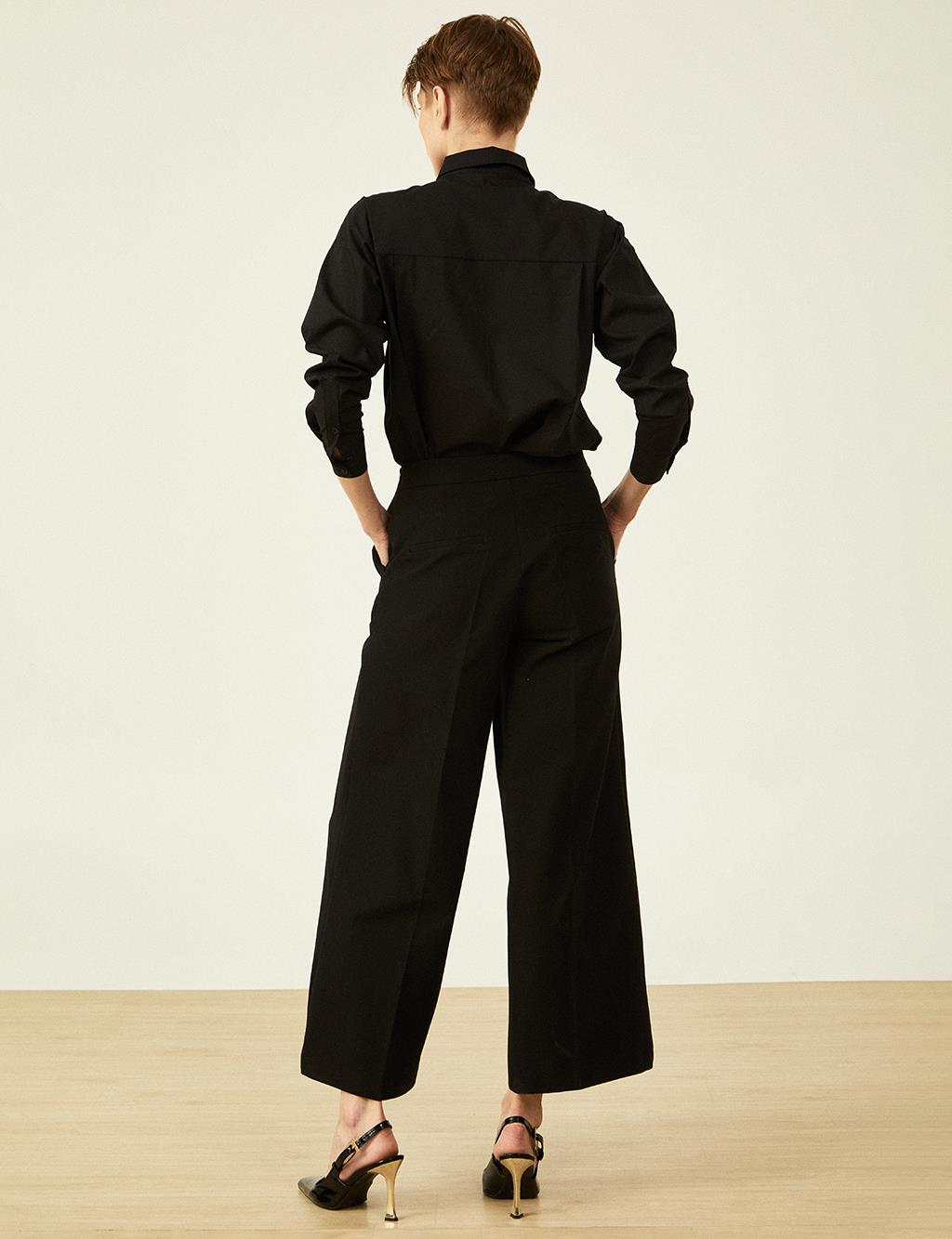 Button Detailed High Waist Trousers Black