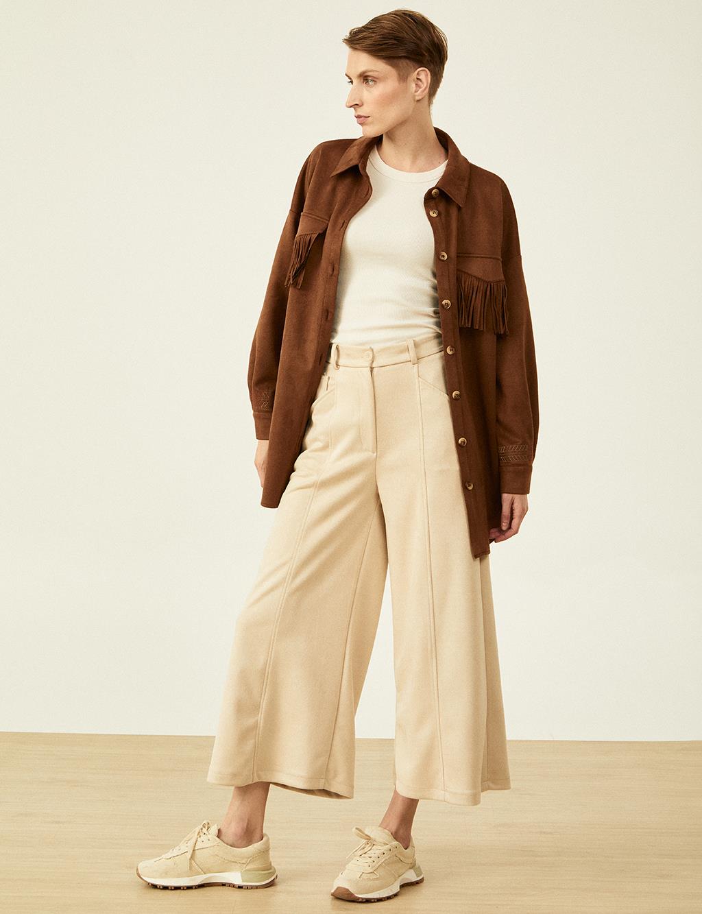 Elastic Waist Suede Trousers Cream