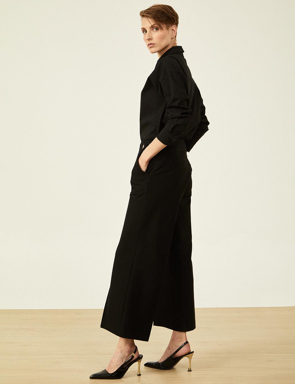 Button Detailed High Waist Trousers Black