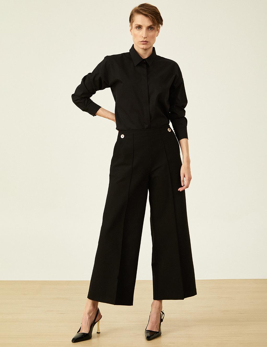 Button Detailed High Waist Trousers Black