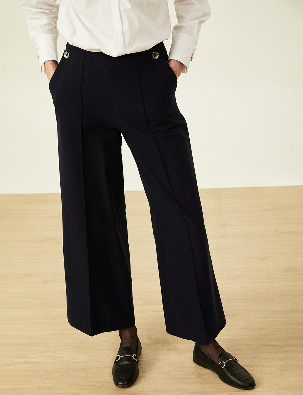 Button Detailed High Waist Trousers Dark Navy Blue