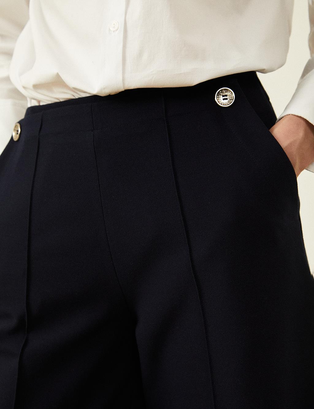 Button Detailed High Waist Trousers Dark Navy Blue