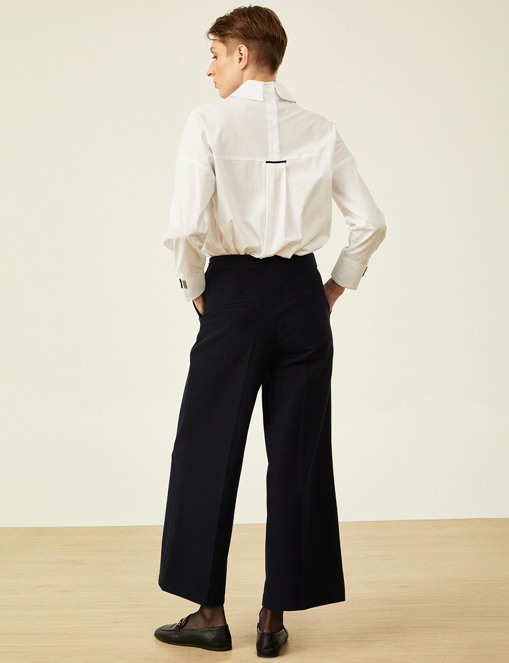 Button Detailed High Waist Trousers Dark Navy Blue