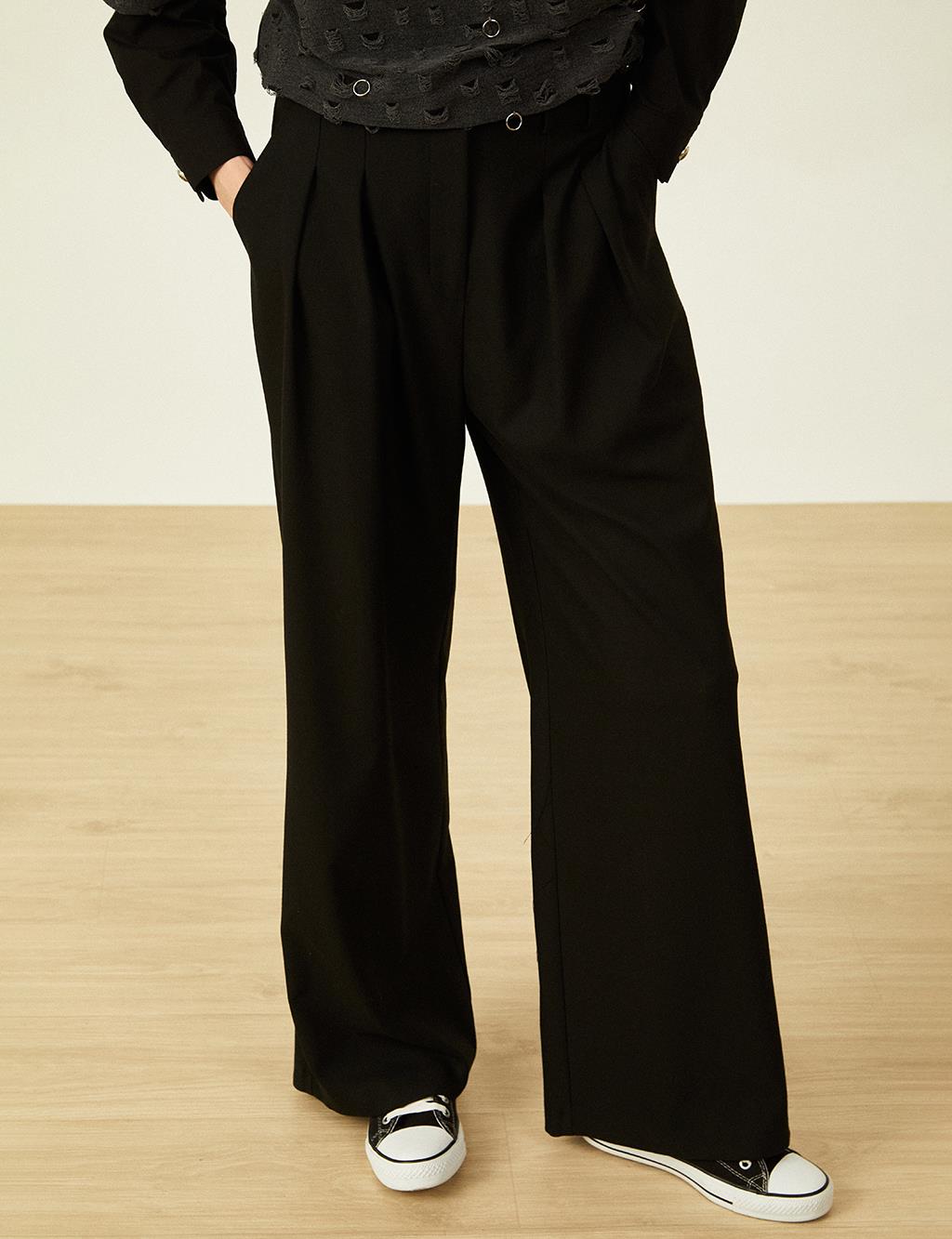 Double Pleated Detailed High Waist Trousers Black