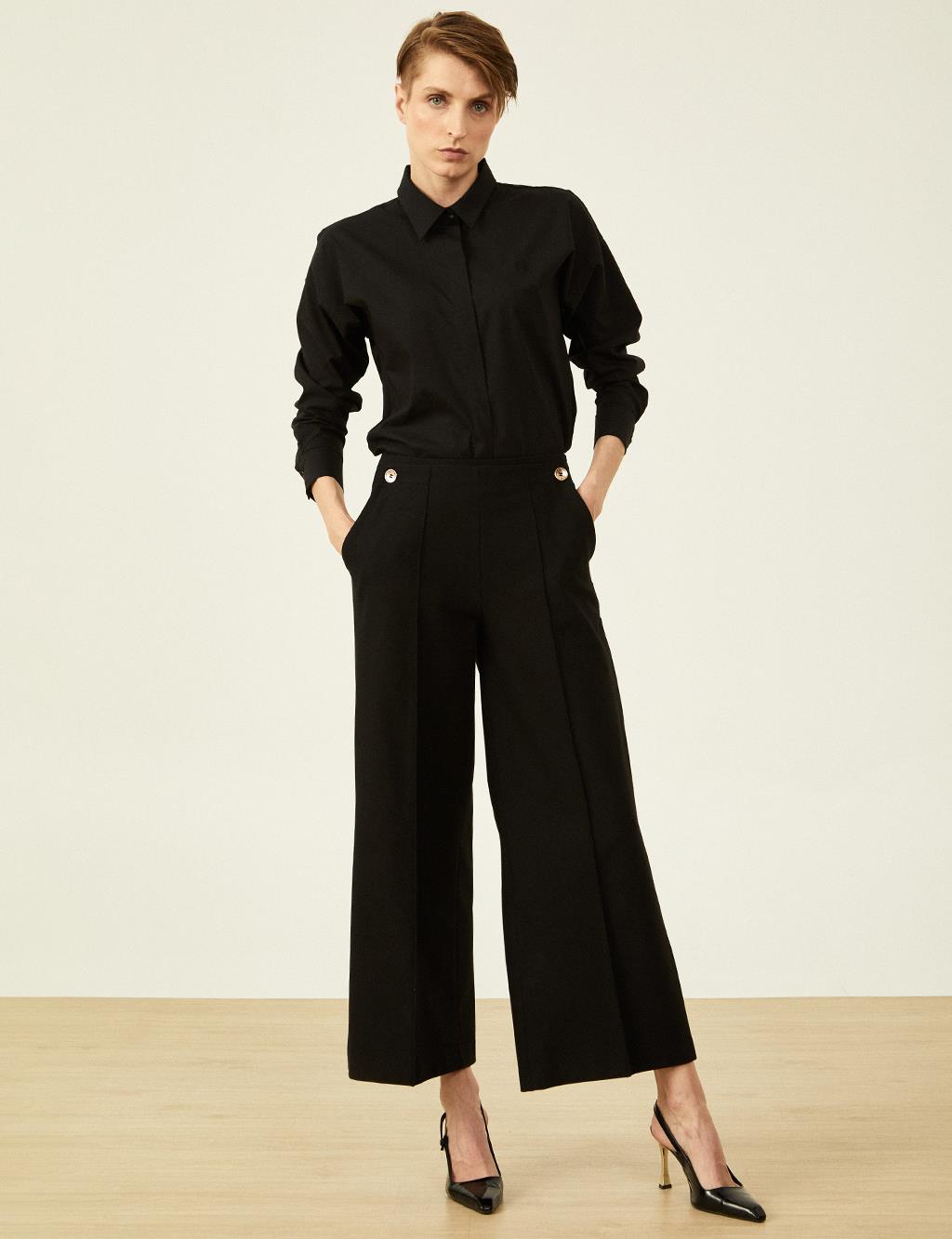 Button Detailed High Waist Trousers Black