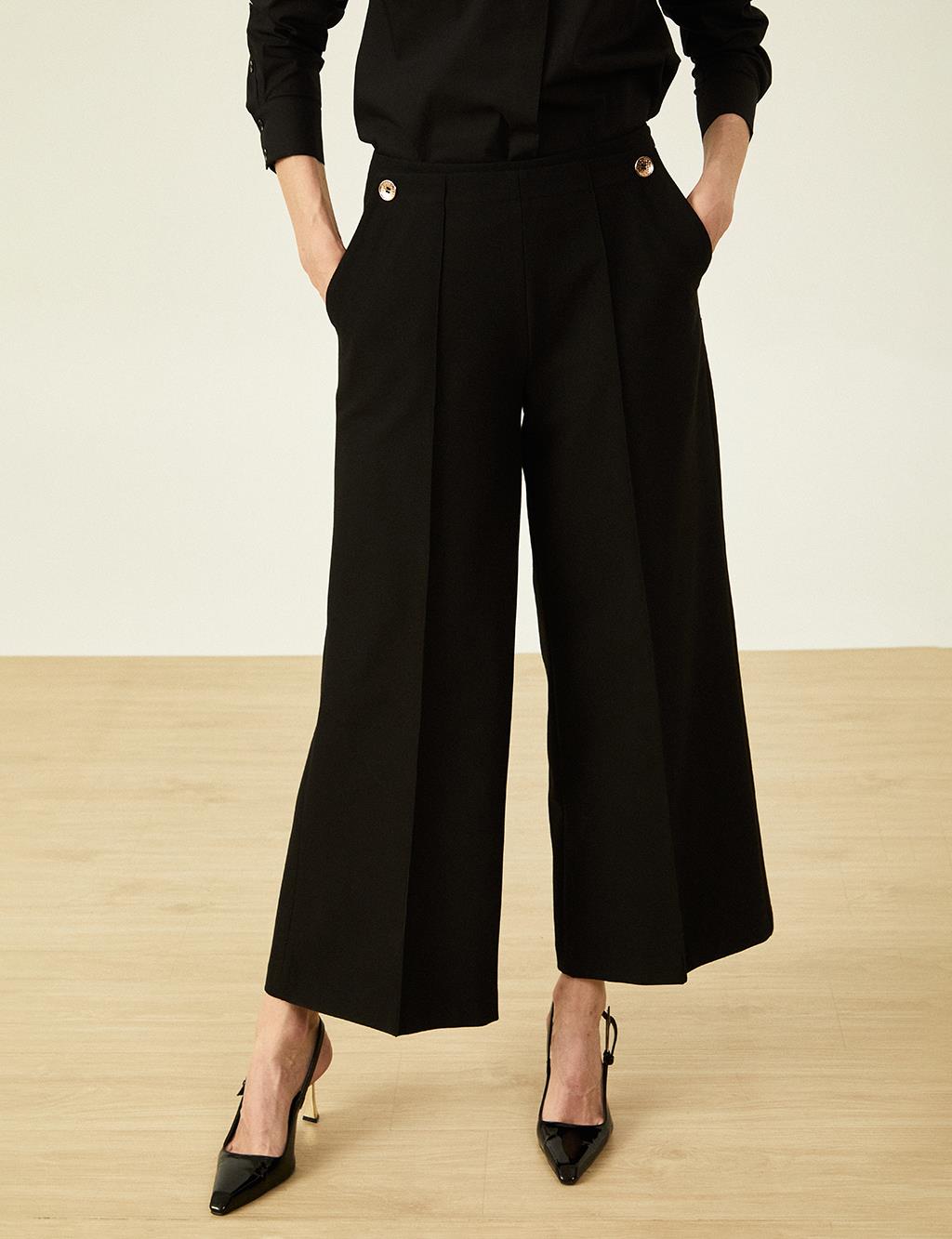 Button Detailed High Waist Trousers Black