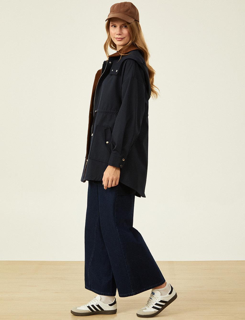 Velvet Mixed Waist Drawstring Coat Dark Navy Blue