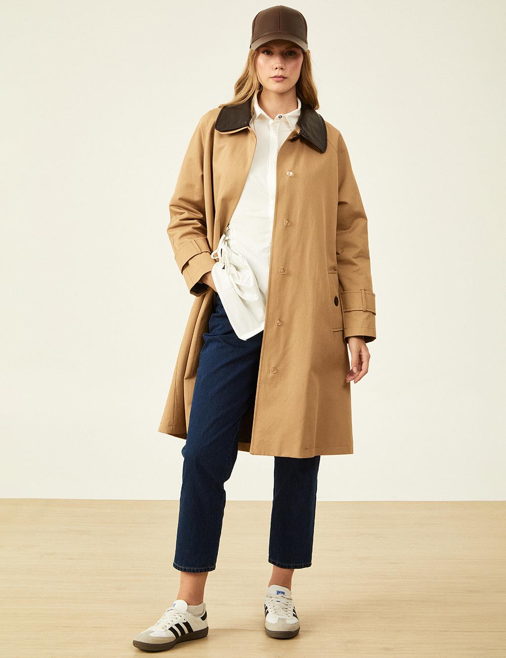 Leather Mixed Coat Beige