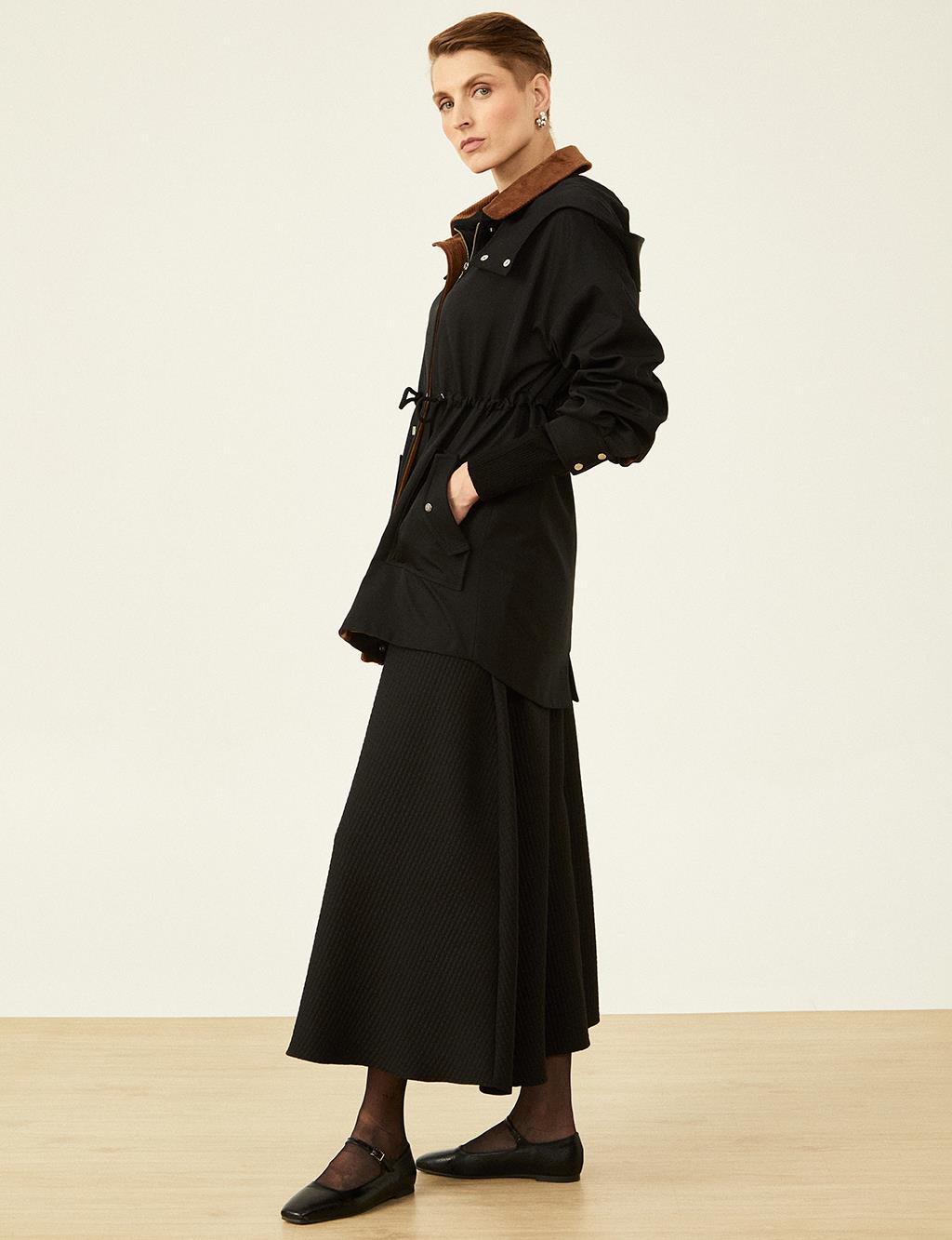 Velvet Mixed Waist Drawstring Coat Black