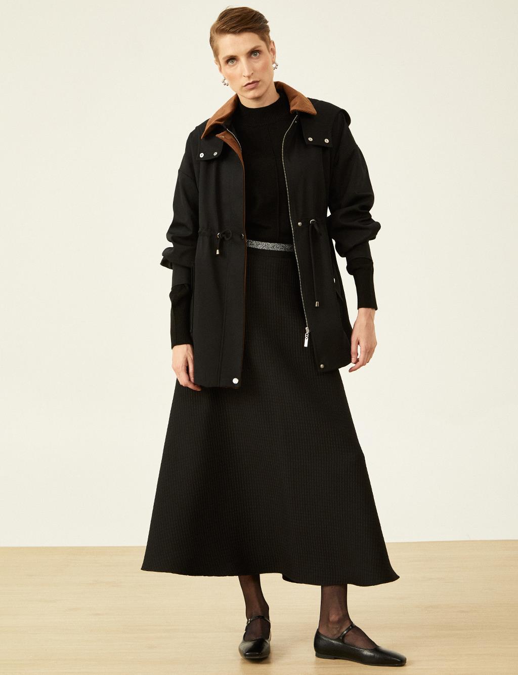 Velvet Mixed Waist Drawstring Coat Black