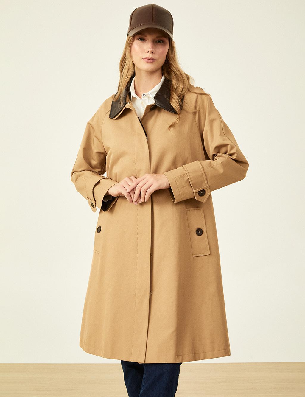 Leather Mixed Coat Beige