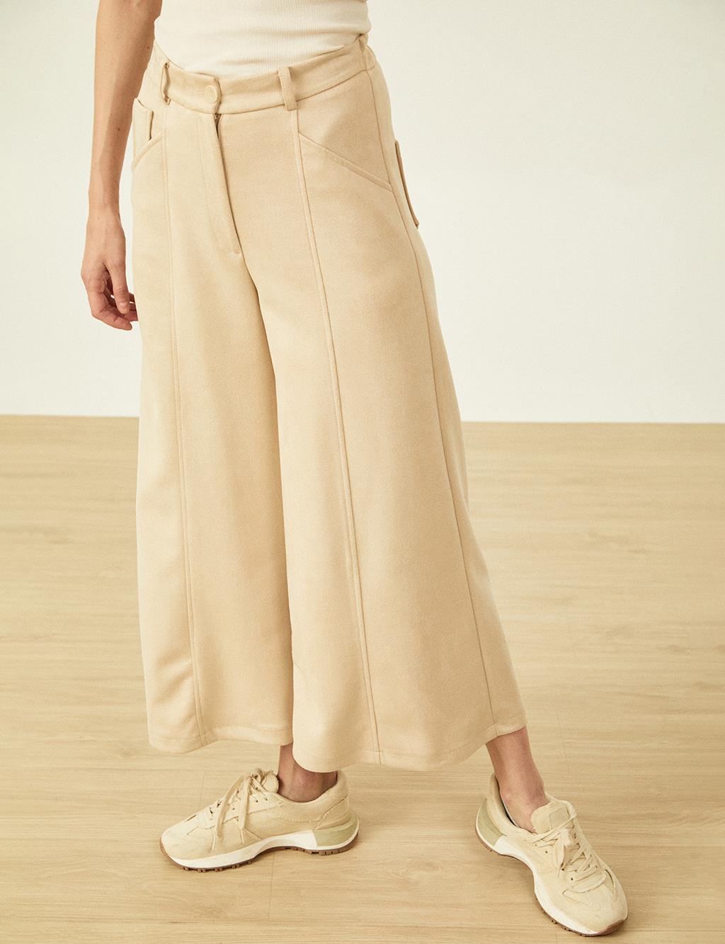 Elastic Waist Suede Trousers Cream